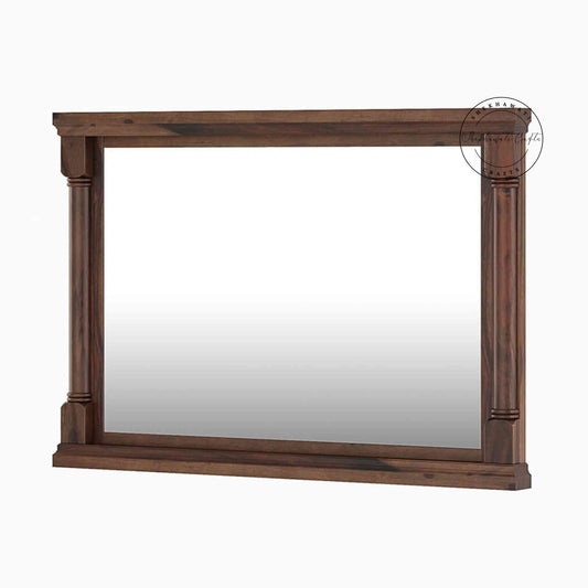 Hand-carved wooden SCI mirror frame in Sheesham wood, natural finish, suitable for home decor, wall mounting.