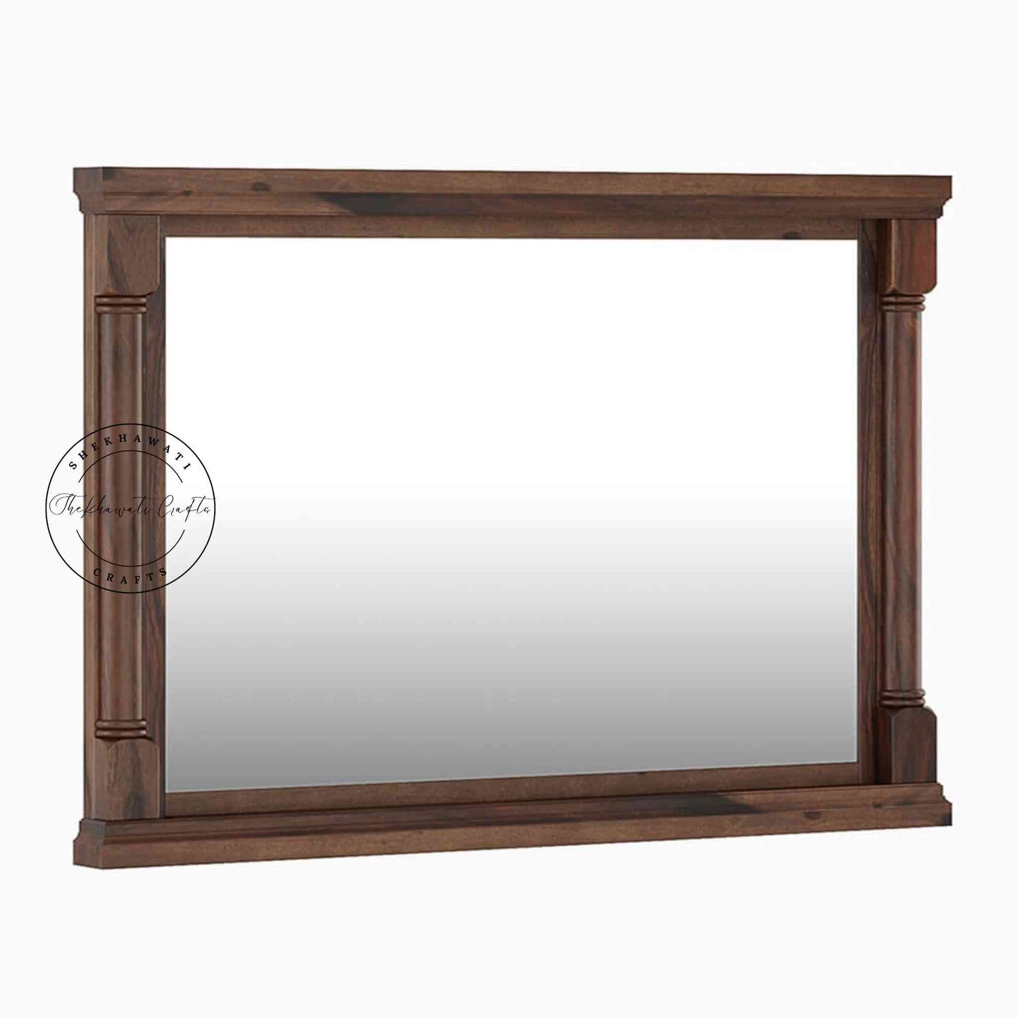 Hand-carved wooden SCI mirror frame in Sheesham wood, natural finish, suitable for home decor, wall mounting.