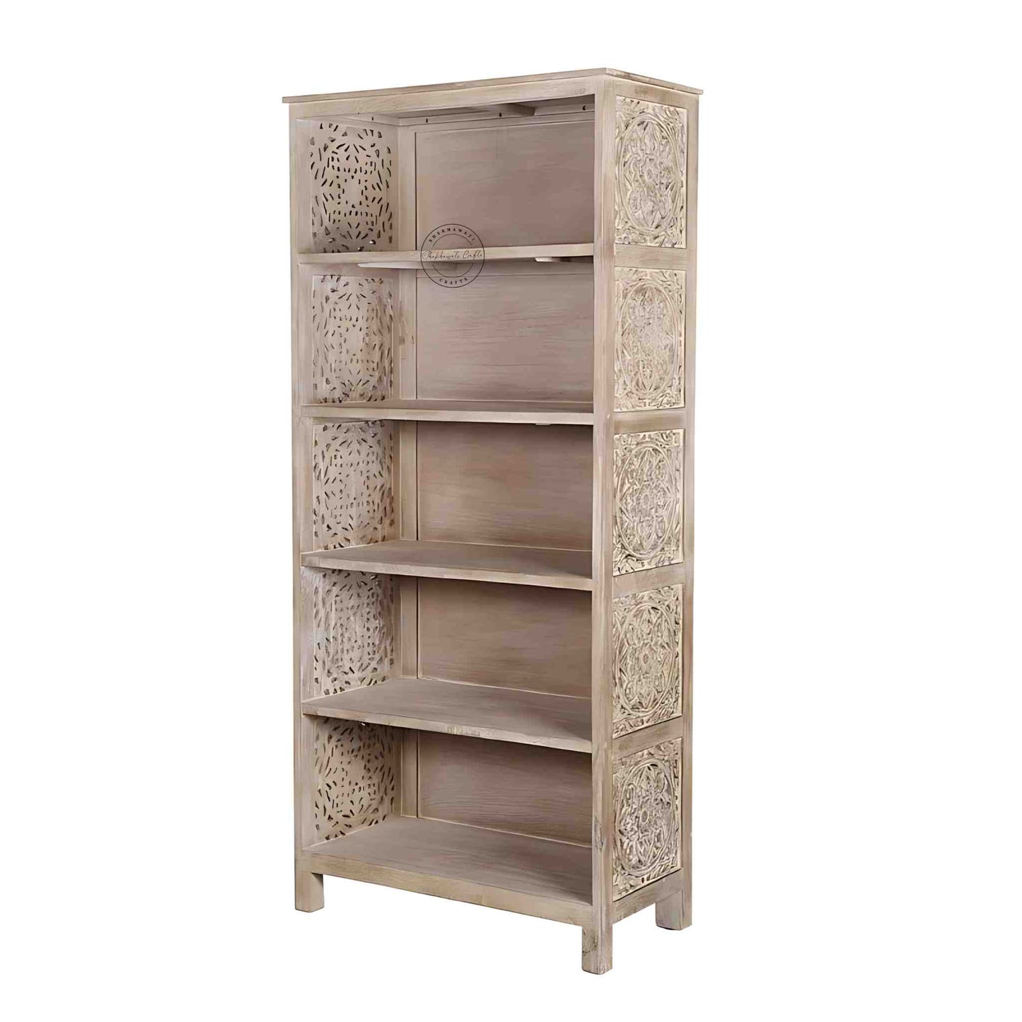 Handcrafted mango wood bookshelves, bookshelf with rustic white finish and five spacious shelves.