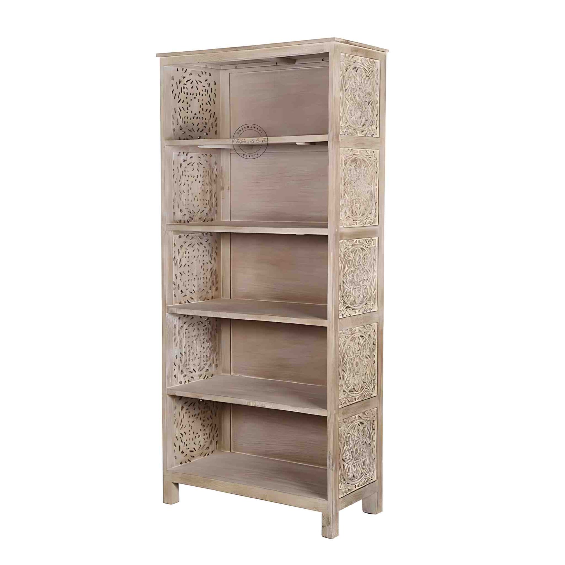 Handcrafted mango wood bookshelves, bookshelf with rustic white finish and five spacious shelves.