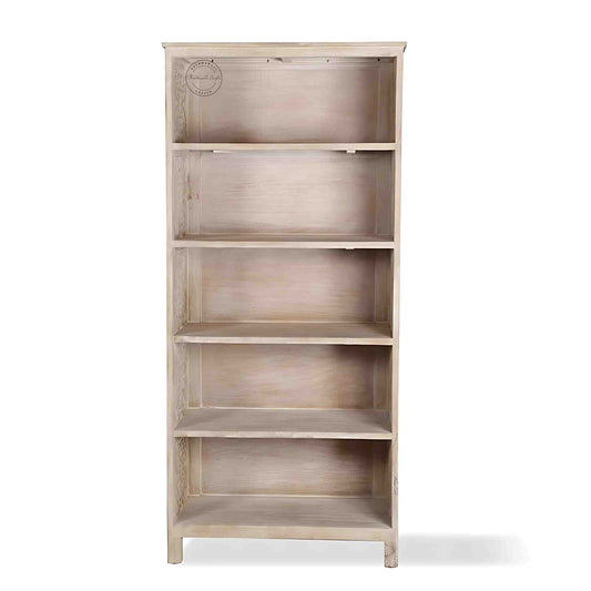 Handcrafted mango wood bookshelves, bookshelf with rustic white finish and five spacious shelves.