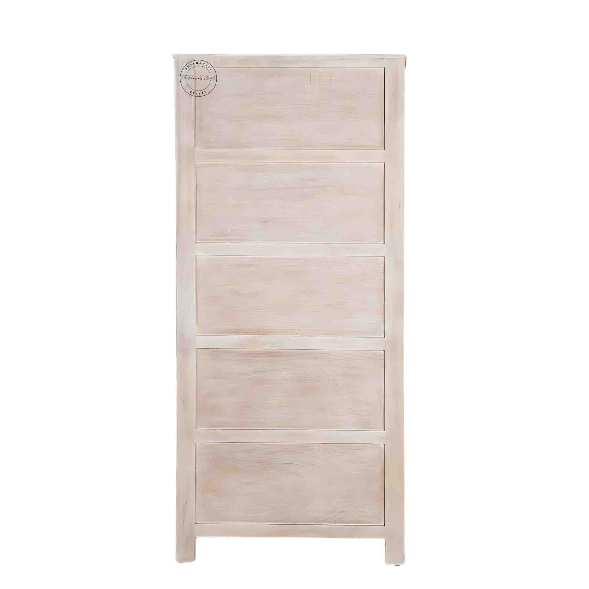 Handcrafted mango wood bookshelves, bookshelf with rustic white finish and five spacious shelves.