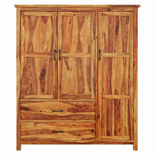 Handcrafted Sheesham wood wardrobe with honey finish, 4 shelves, 2 large shelves, 3 doors and 2 drawers.