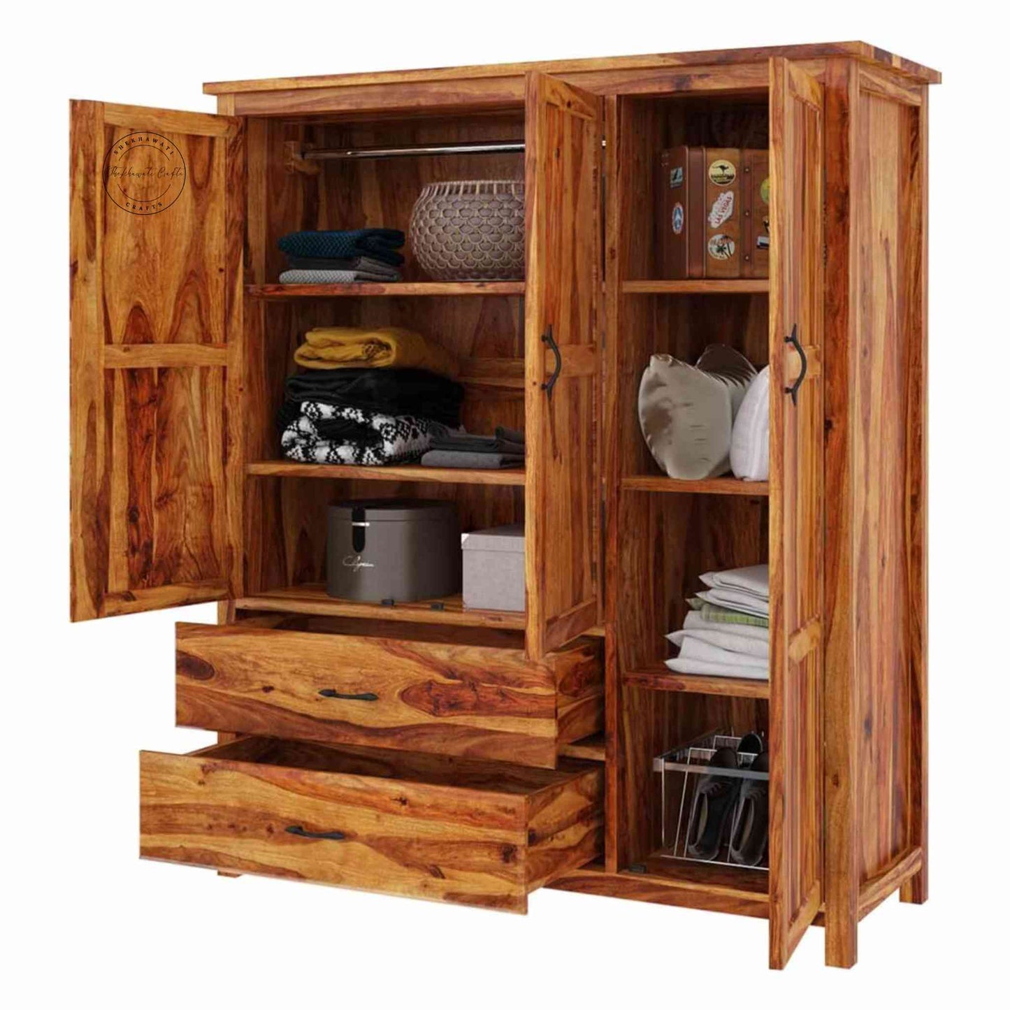 Handcrafted Sheesham wood wardrobe with honey finish, 4 shelves, 2 large shelves, 3 doors and 2 drawers.