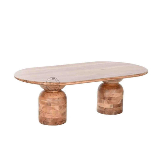 Handcrafted sheeran oval-shaped coffee table made from acacia wood with a natural finish.
