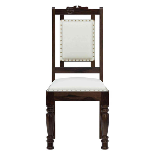 Shekhawati-style chair handcrafted from sheesham wood, walnut finish, hand carvings, brass work and cushioned seating.
