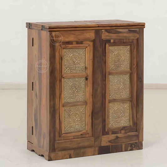 Handcrafted Sheesham wood bar cabinet with antique brass detailing, natural finish, two doors and spacious drawers.
