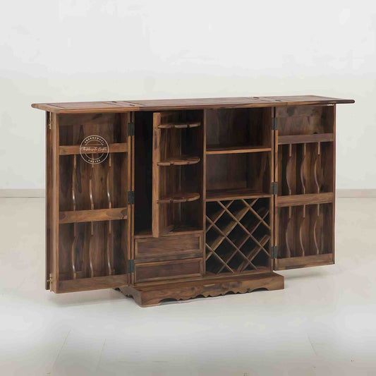 Handcrafted Sheesham wood bar cabinet with antique brass detailing, natural finish, two doors and spacious drawers.