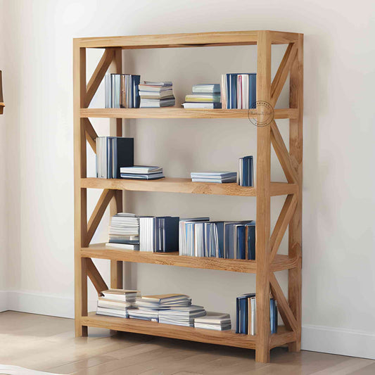 Sia bookshelf is handcrafted from sheesham wood and has a rustic white finish. It includes 4 open shelves.
