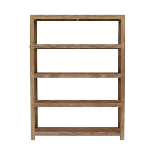 Sia bookshelf is handcrafted from sheesham wood and has a rustic white finish. It includes 4 open shelves.