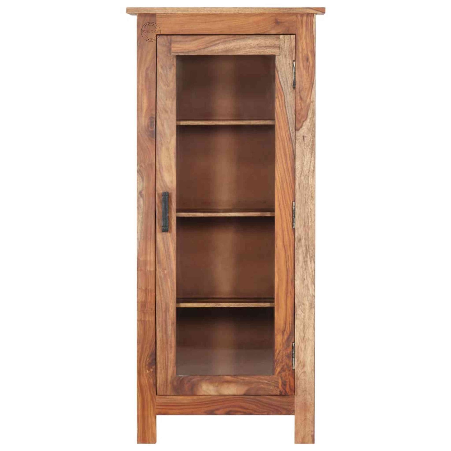 Handcrafted wooden mini tower cabinet with a natural finish, front-side mirror door, and four storage shelves, made from solid sheesham wood.