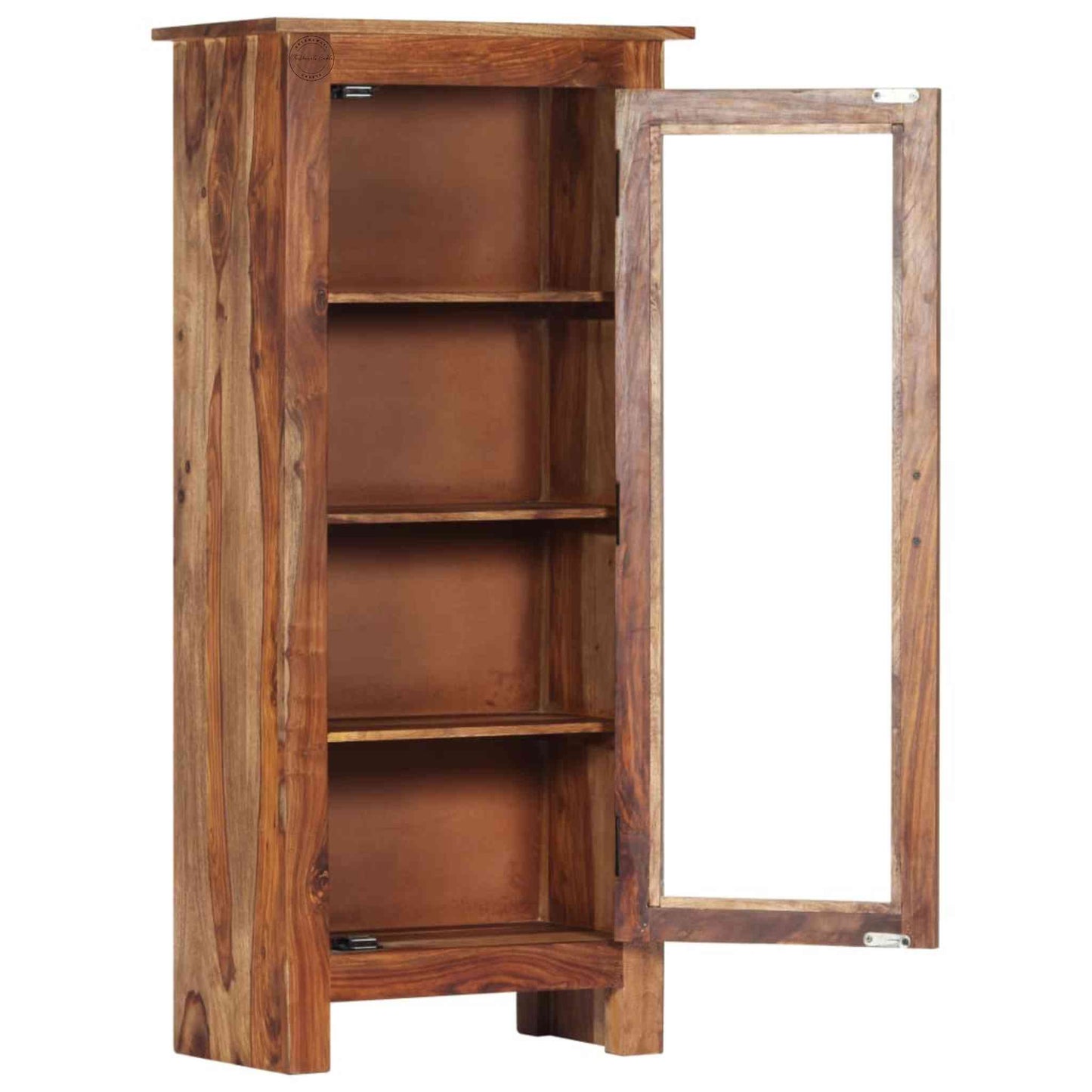 Handcrafted wooden mini tower cabinet with a natural finish, front-side mirror door, and four storage shelves, made from solid sheesham wood.