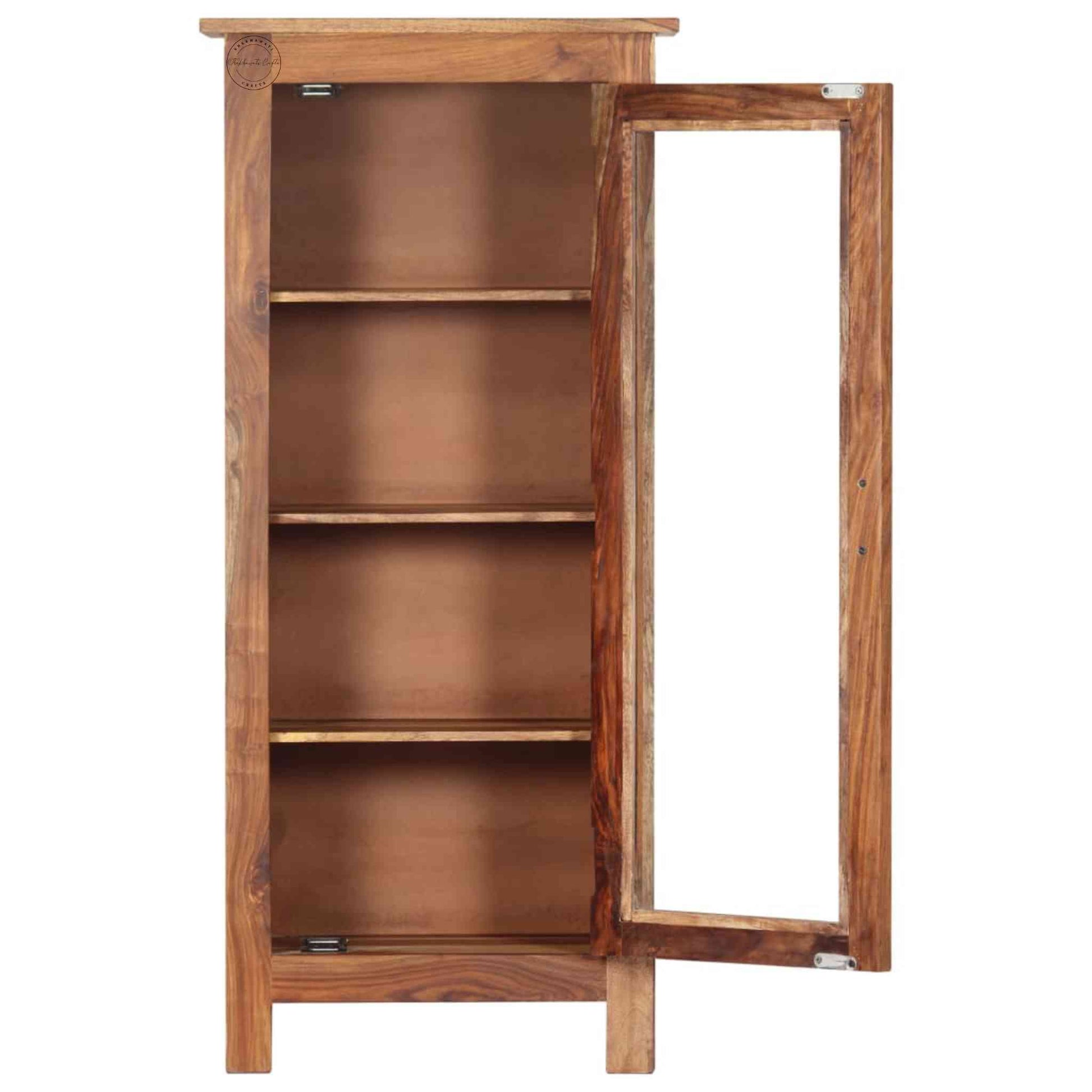 Handcrafted wooden mini tower cabinet with a natural finish, front-side mirror door, and four storage shelves, made from solid sheesham wood.