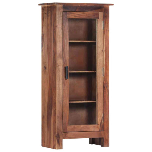 Handcrafted wooden mini tower cabinet with a natural finish, front-side mirror door, and four storage shelves, made from solid sheesham wood.