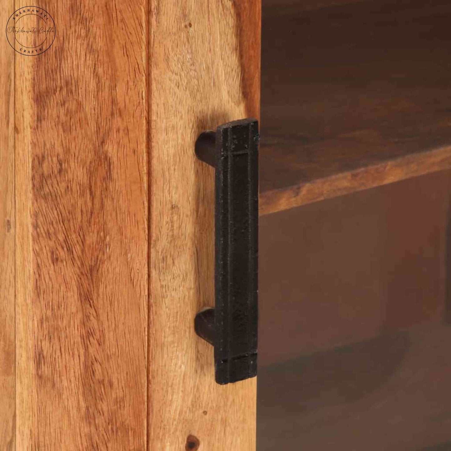 Handcrafted wooden mini tower cabinet with a natural finish, front-side mirror door, and four storage shelves, made from solid sheesham wood.