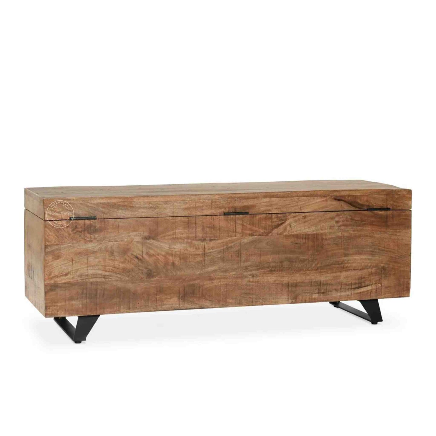 Soren storage bench made from mango wood and iron legs with natural finish and storage.