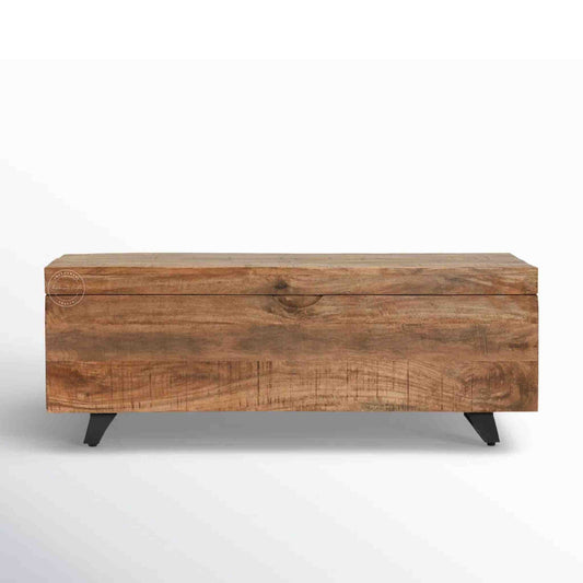 Soren storage bench made from mango wood and iron legs with natural finish and storage.