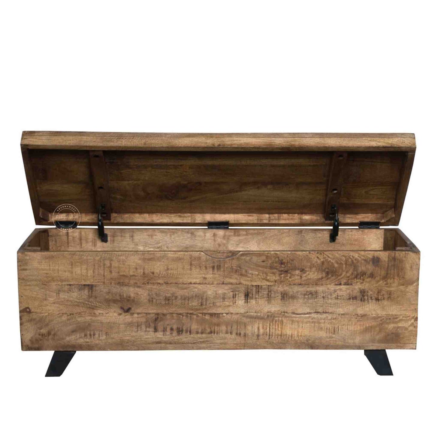 Soren storage bench made from mango wood and iron legs with natural finish and storage.