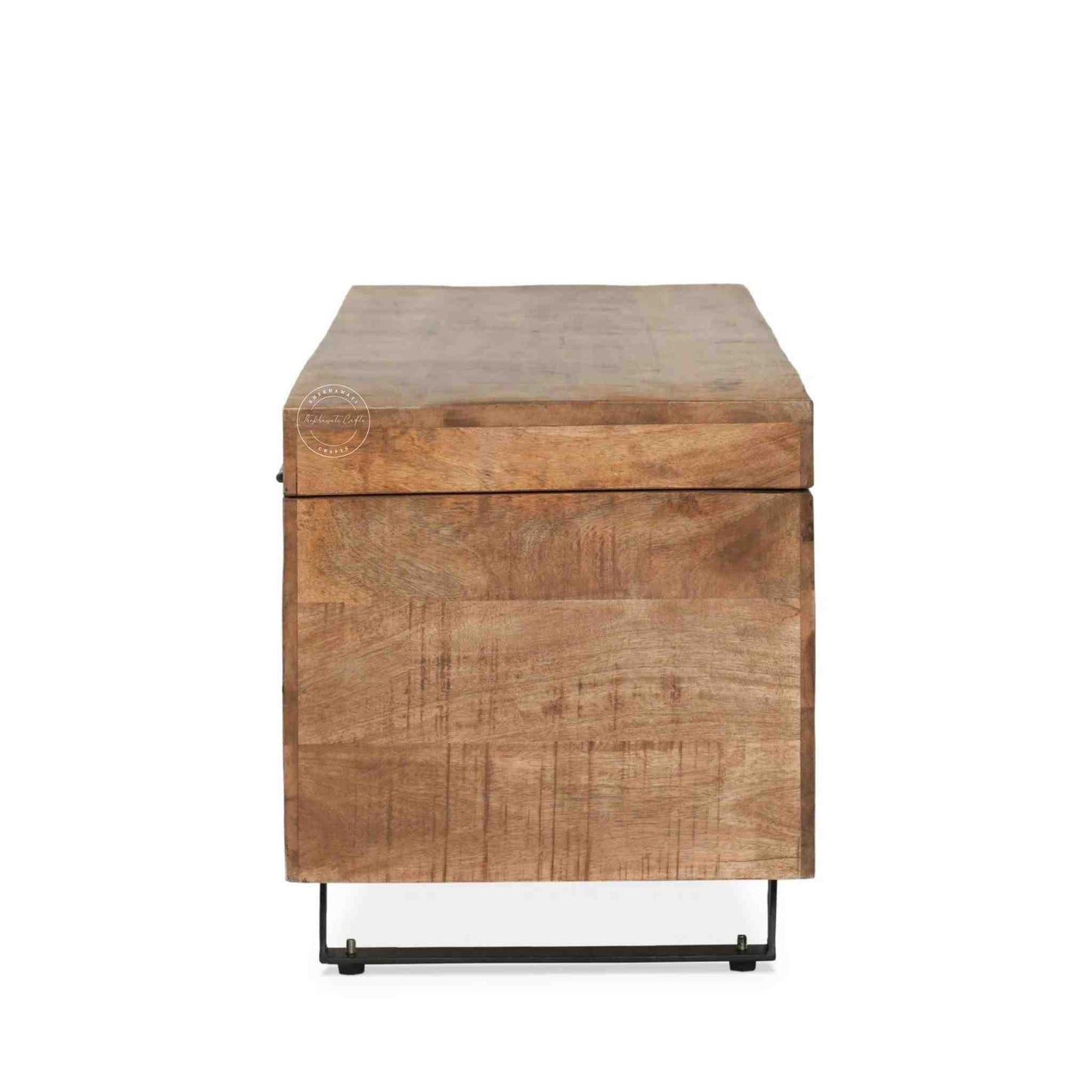 Soren storage bench made from mango wood and iron legs with natural finish and storage.