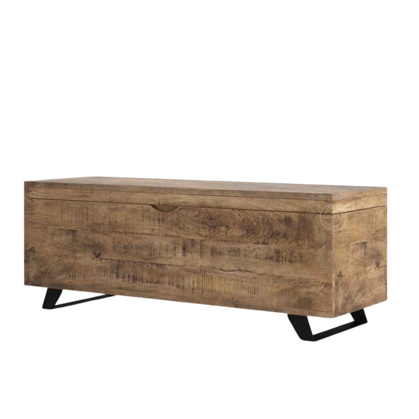 Soren storage bench made from mango wood and iron legs with natural finish and storage.