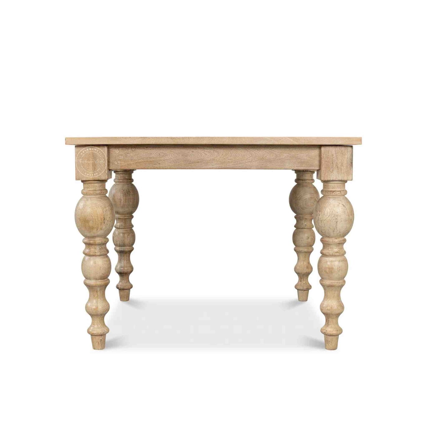 handmade spindle mango wood dining table in natural mango wood finish and vintage design legs.