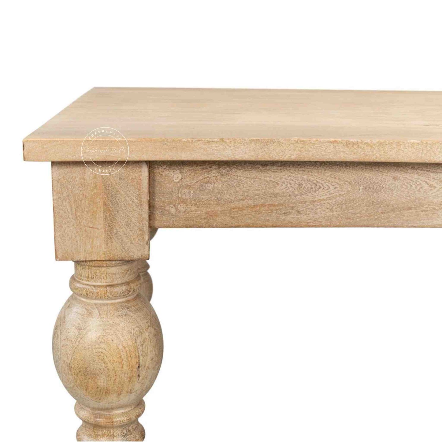 handmade spindle mango wood dining table in natural mango wood finish and vintage design legs.