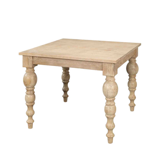 handmade spindle mango wood dining table in natural mango wood finish and vintage design legs.