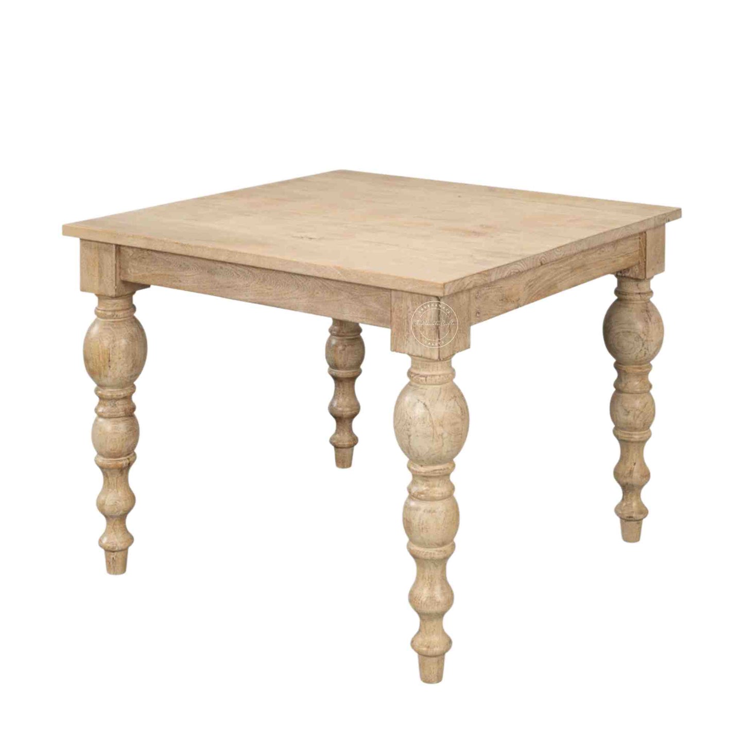 handmade spindle mango wood dining table in natural mango wood finish and vintage design legs.