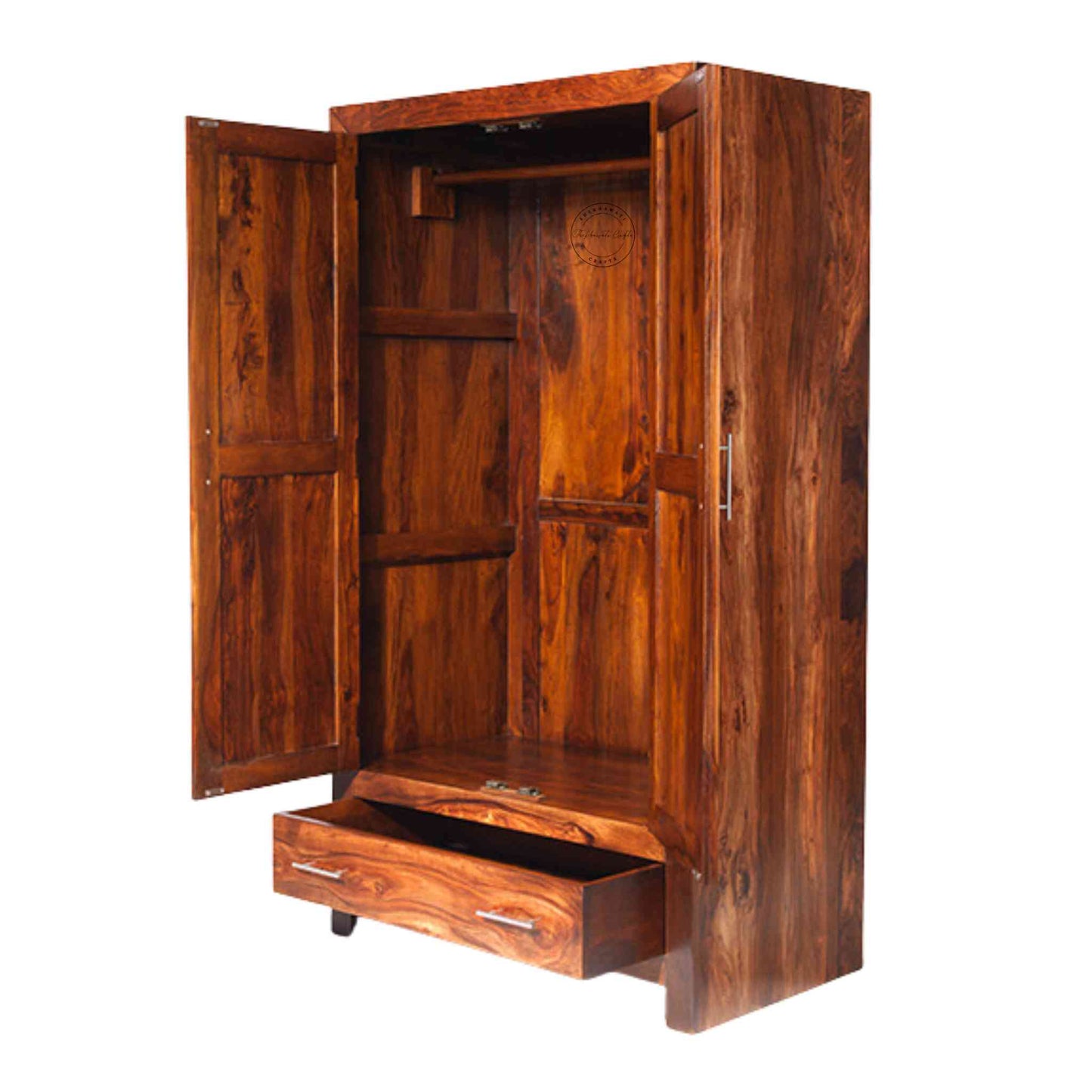 Stafford Wardrobe, handcrafted from sheesham wood, with a honey finish, two doors, a bottom drawer and detachable shelves.