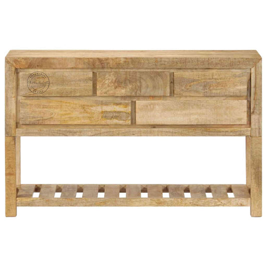handcrafted wooden console table with 5 drawers and a bottom shelf