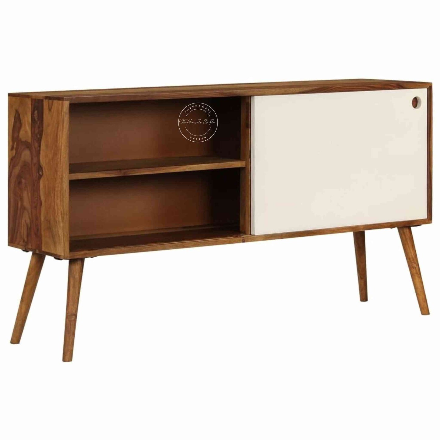 Handcrafted Symphony TV Cabinet made of sheesham wood with a dual-tone finish, sliding doors and detachable legs.