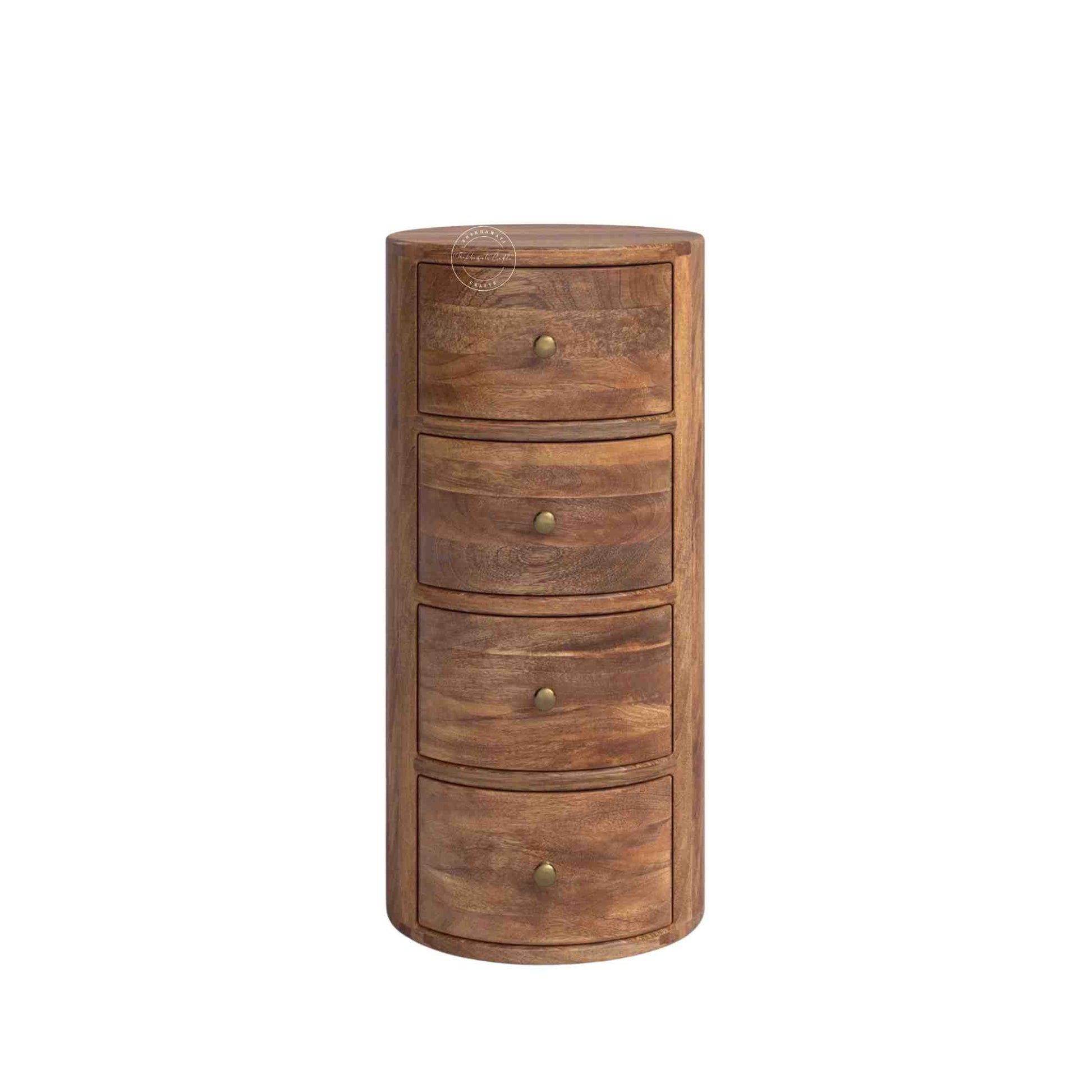 Teshio 4 drawer round shape accent side table with natural finish.