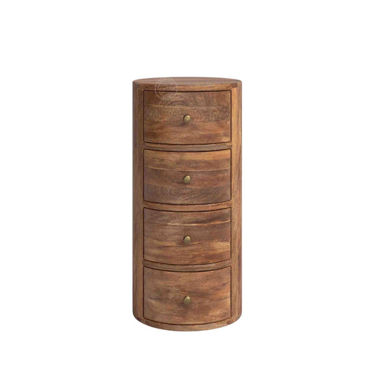 Teshio 4 drawer round shape accent side table with natural finish.