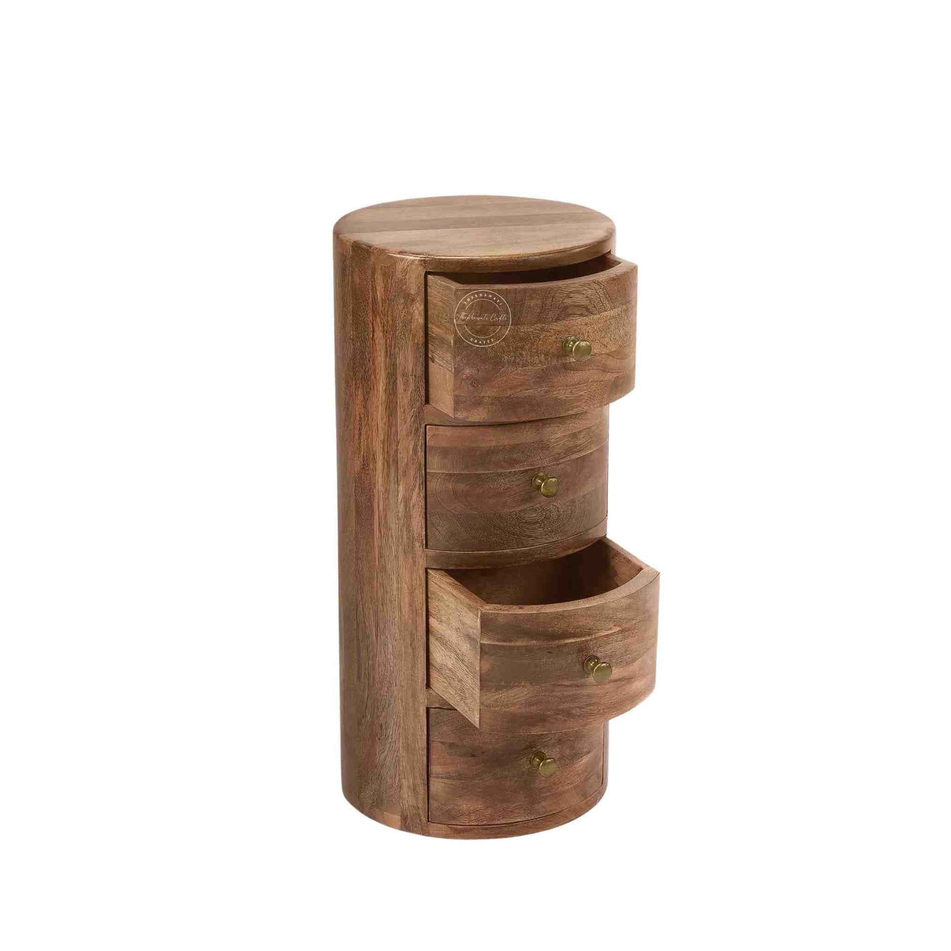 Teshio 4 drawer round shape accent side table with natural finish.