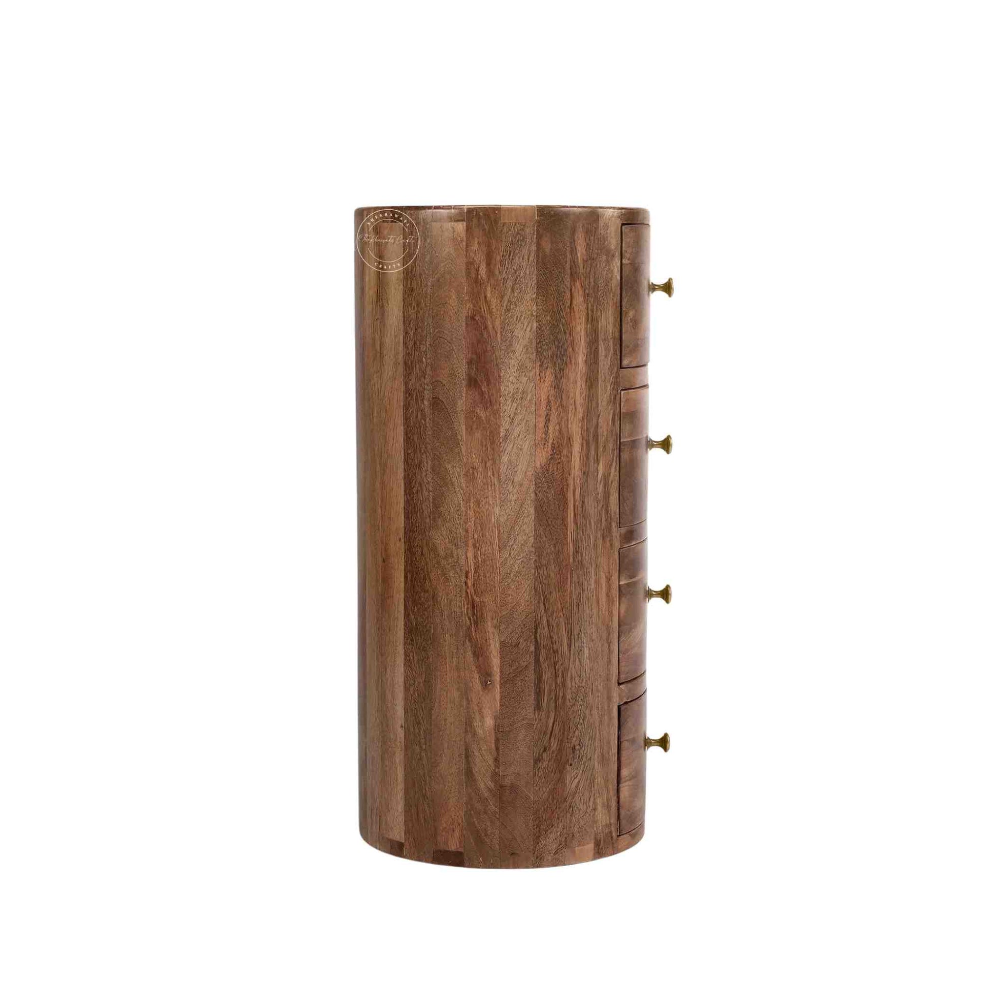 Teshio 4 drawer round shape accent side table with natural finish.