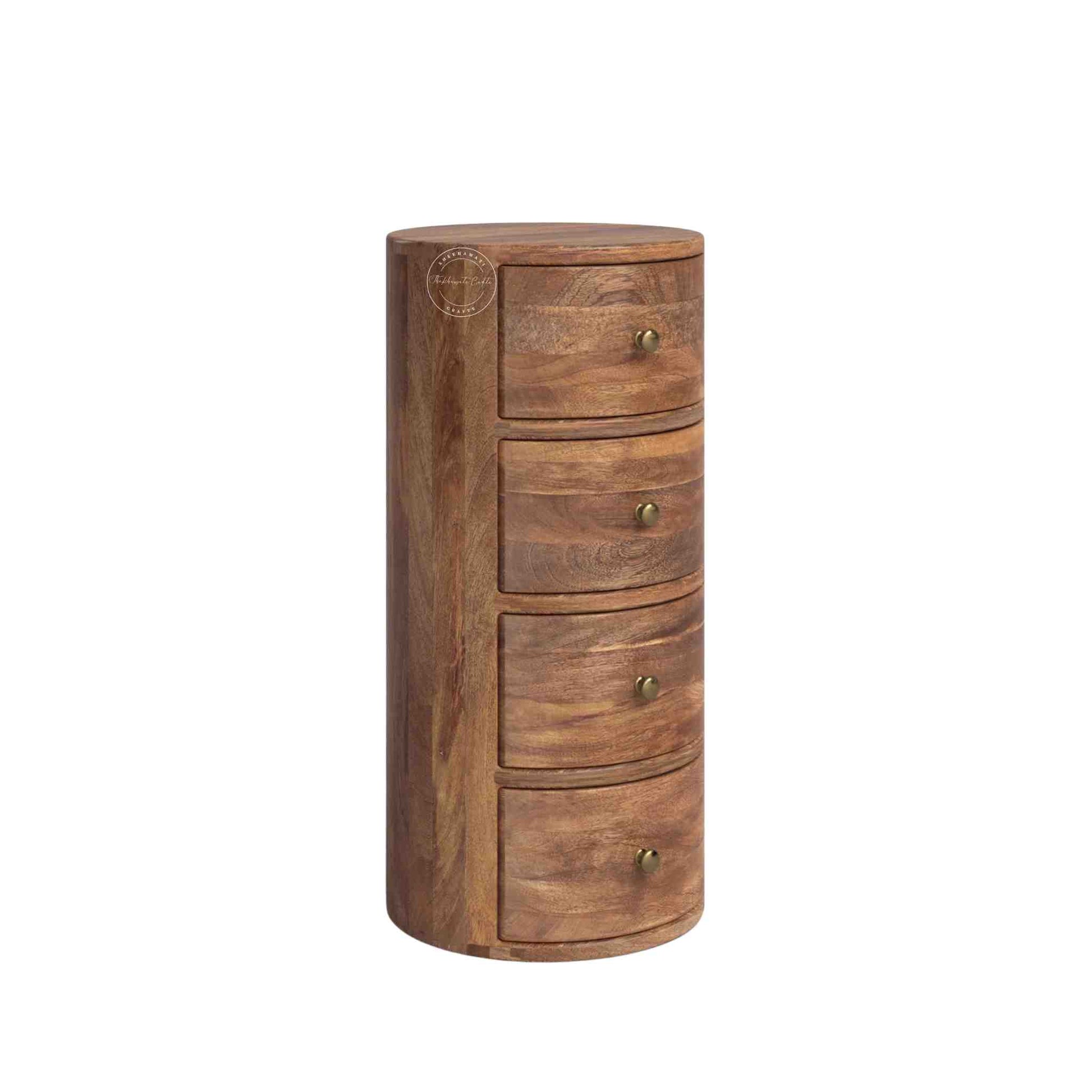 Teshio 4 drawer round shape accent side table with natural finish.
