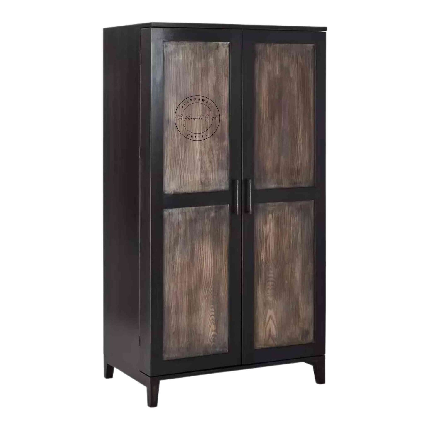The Pint Bar Cabinet is handcrafted with mango wood and a dual tone finish, 2 doors, bottles and glass sections.