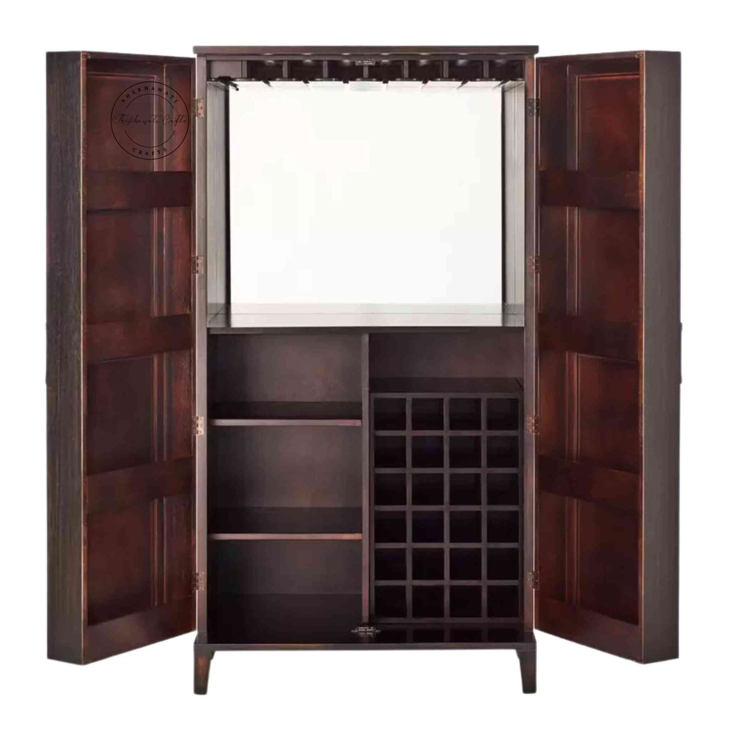 The Pint Bar Cabinet is handcrafted with mango wood and a dual tone finish, 2 doors, bottles and glass sections.