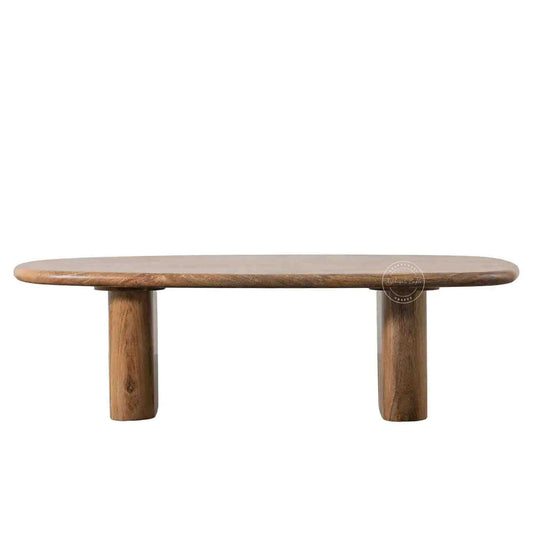 Handcrafted Tiara Mango Wood Coffee Table featuring an oval design and foldable legs.