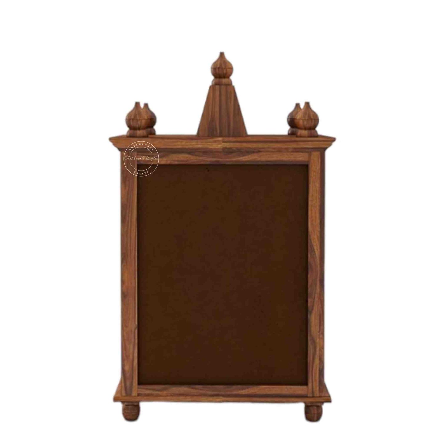 Trayee wooden temple is handcrafted from sheesham wood and features a unique Shekhawati wooden jali design, complete with 2 doors and 1 drawer.