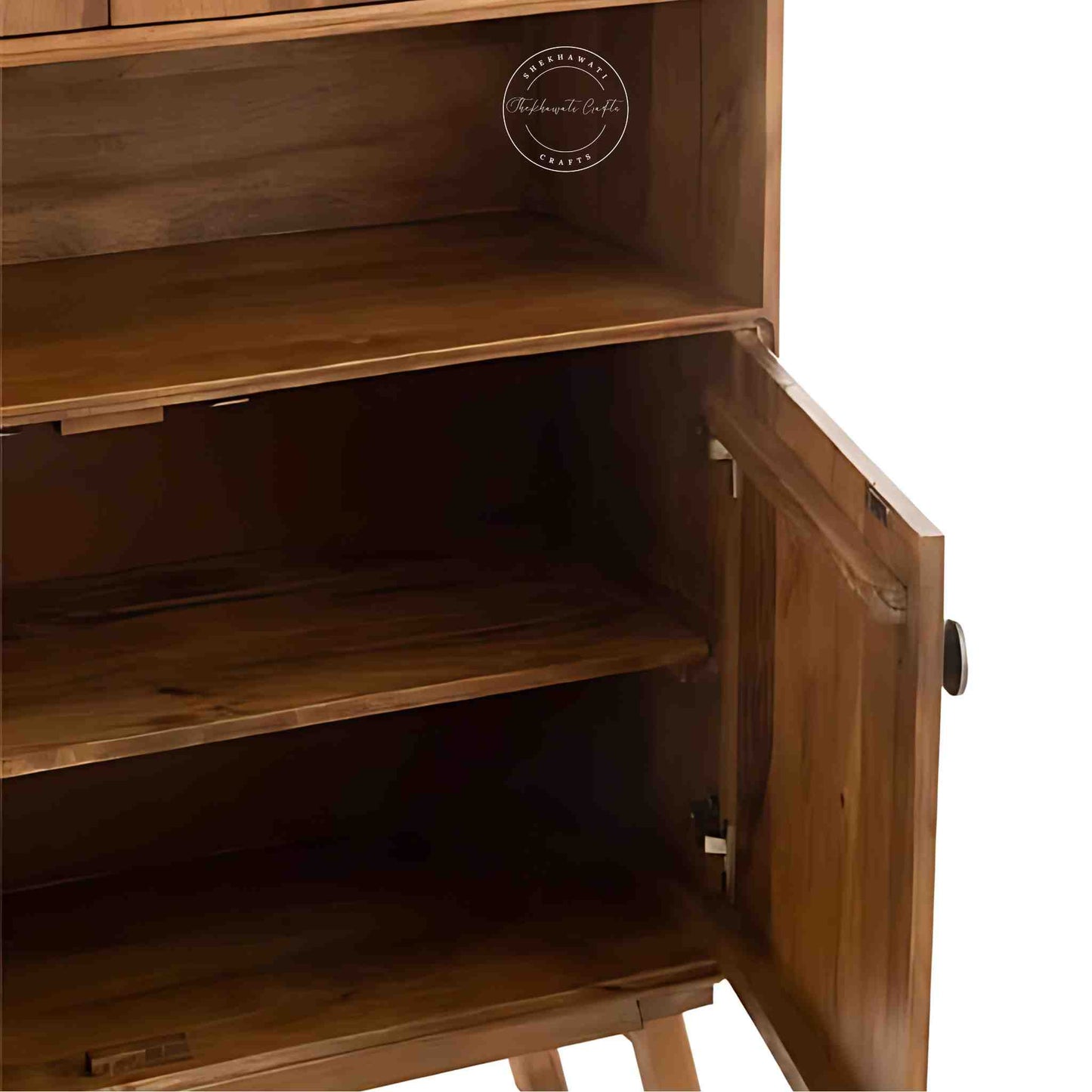 Handcrafted Umber Cabinet made from mango wood with a natural wood finish. It features four doors and detachable shelves.