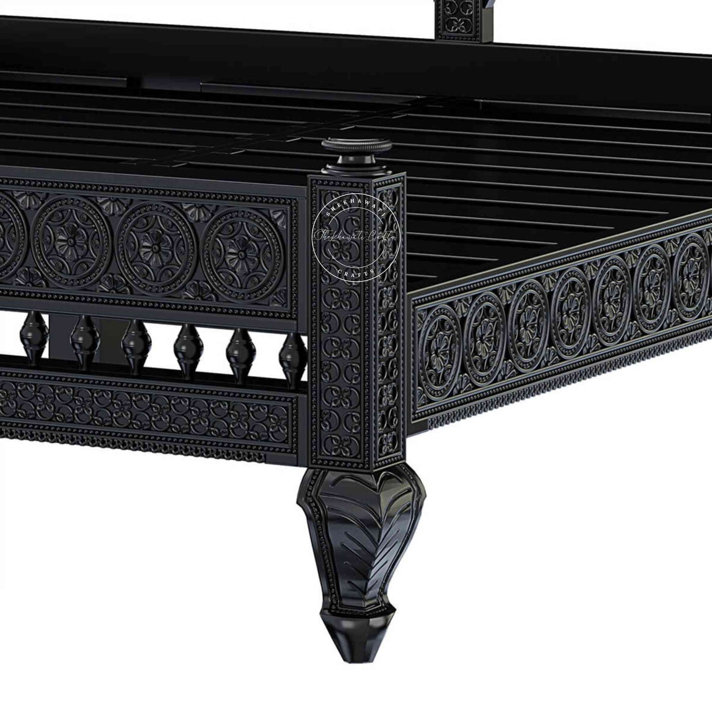 Ummed King Size Bed handcrafted with mango wood and matte black finish. antique Shekhawati hand-carved design.