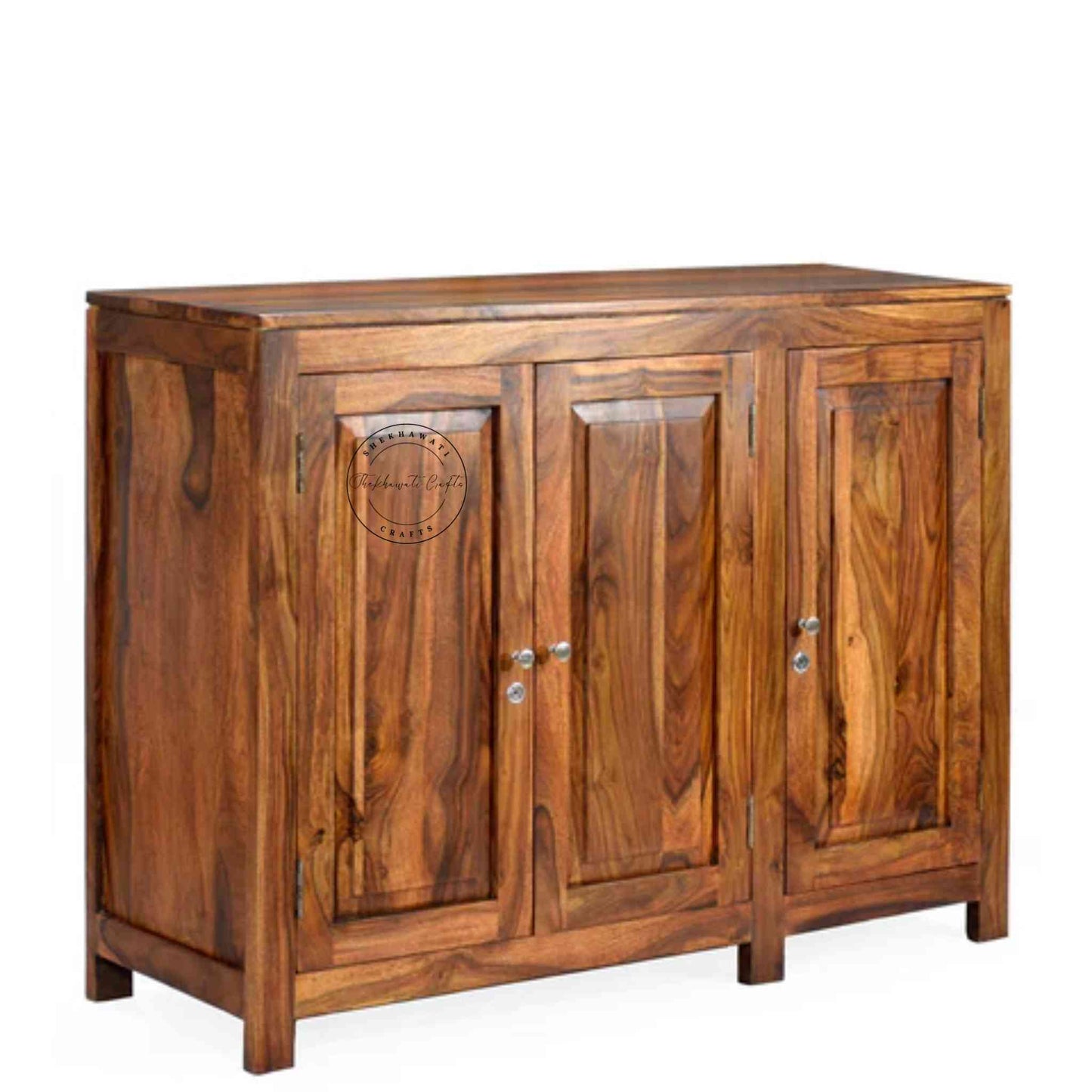 Handcrafted sheesham wood sideboard with natural finish, 3 doors, and foldable shelves for versatile storage solutions.