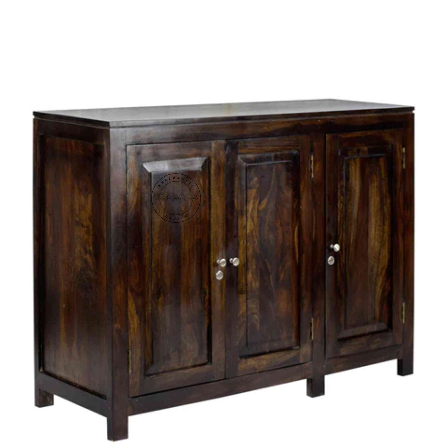 Handcrafted sheesham wood sideboard with natural finish, 3 doors, and foldable shelves for versatile storage solutions.