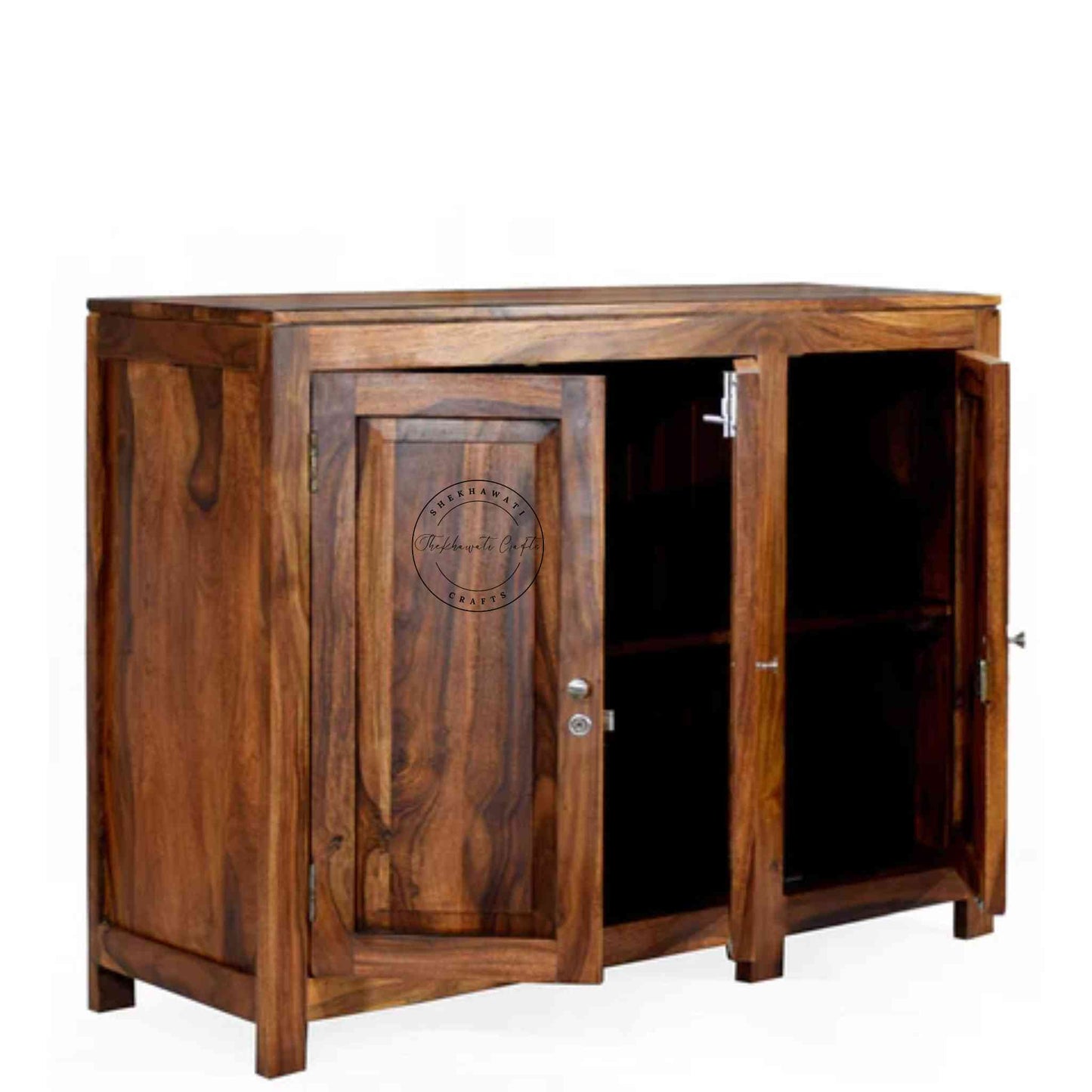 Handcrafted sheesham wood sideboard with natural finish, 3 doors, and foldable shelves for versatile storage solutions.