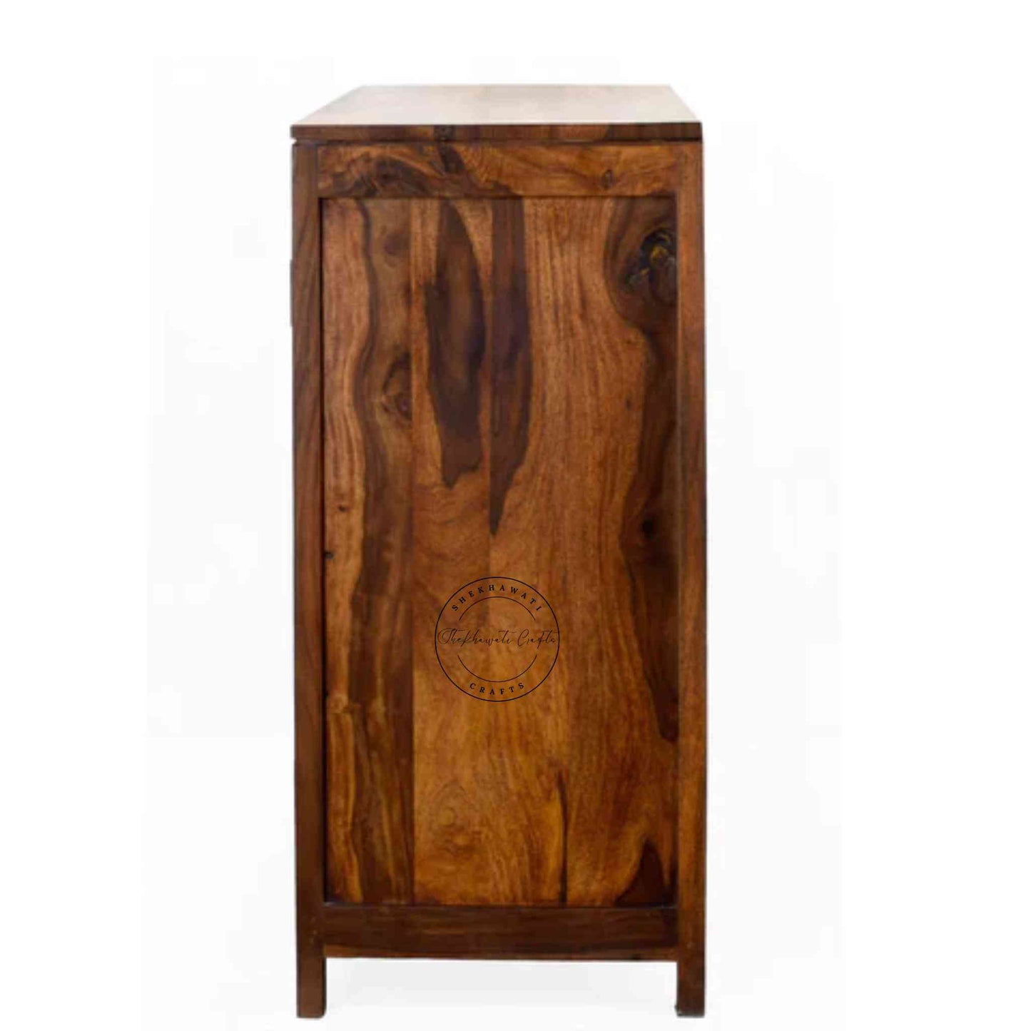 Handcrafted sheesham wood sideboard with natural finish, 3 doors, and foldable shelves for versatile storage solutions.