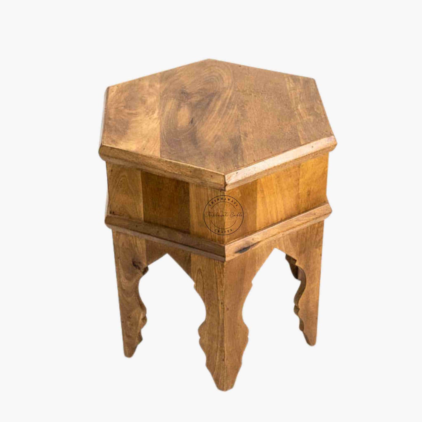 Handcrafted Varsa Accent Table crafted from mango wood with a natural finish and vintage appearance.