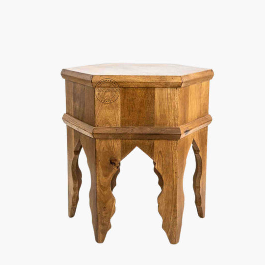 Handcrafted Varsa Accent Table crafted from mango wood with a natural finish and vintage appearance.