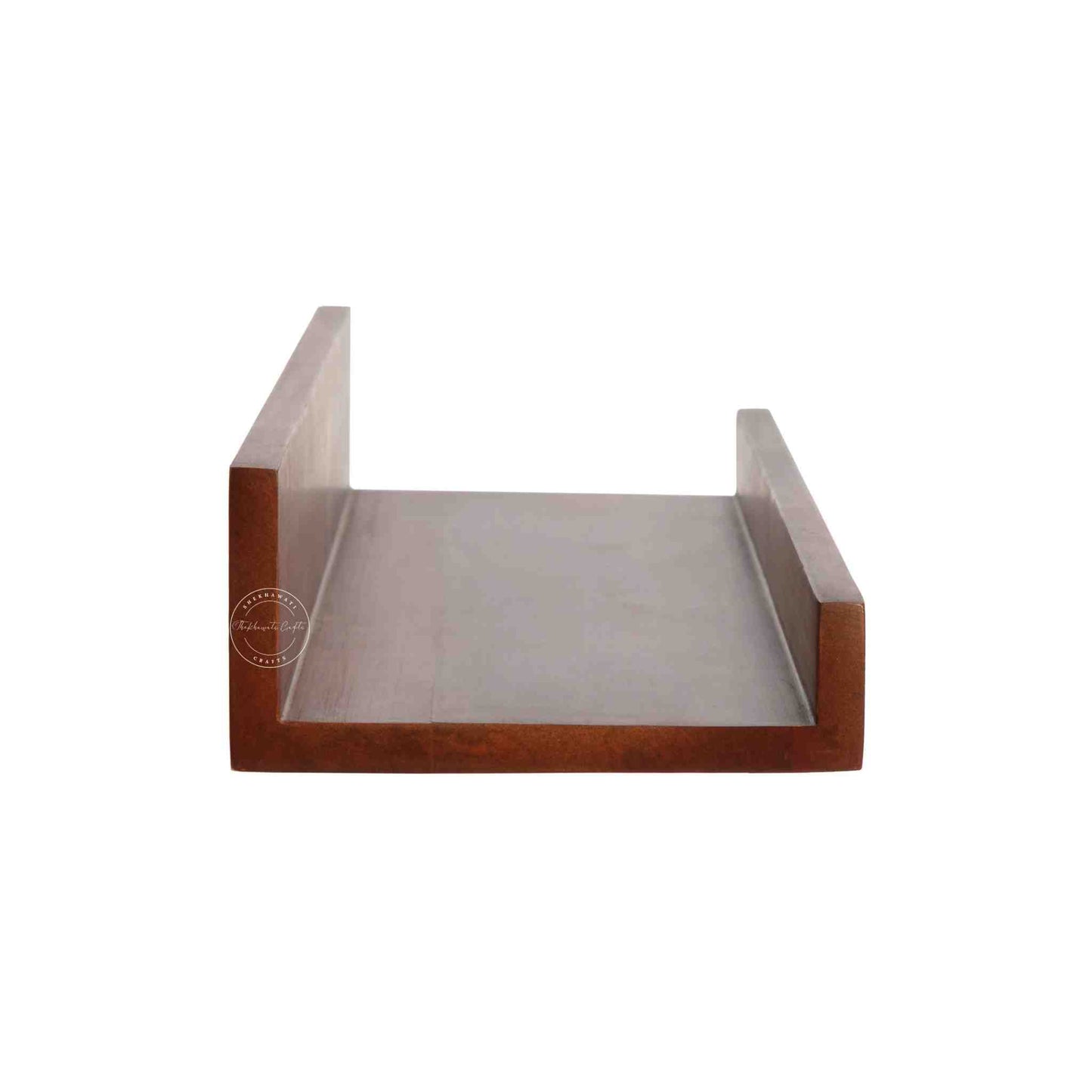 handcrafted Veda mango wood hanging wall shelf in honey finish.