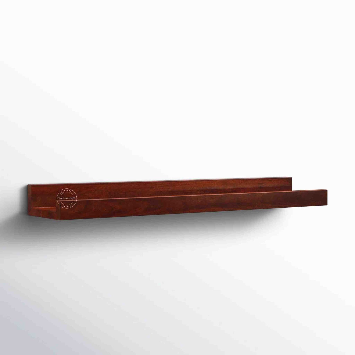 handcrafted Veda mango wood hanging wall shelf in honey finish.